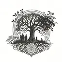 tree of life with 9 dates incorporated representing 4 great grandparents, 2 grandparents, 2 parents, and a son.  tattoo design idea