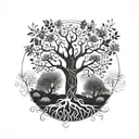 tree of life with 9 dates incorporated representing 4 great grandparents, 2 grandparents, 2 parents, and a son.  tattoo design idea