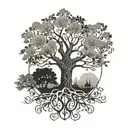 tree of life with 9 dates incorporated representing 4 great grandparents, 2 grandparents, 2 parents, and a son.  tattoo design idea