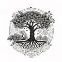 tree of life with 9 dates incorporated representing 4 great grandparents, 2 grandparents, 2 parents, and a son.  tattoo design idea