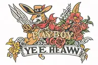 the words 'Yee Haw' but with the playboy bunny logo between the words tattoo design idea