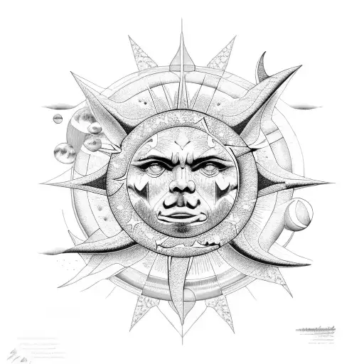 8 separate stars with sun and moon space theme tattoo design idea