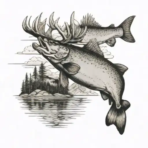 fishing mountain lake trout deer moose scenery tattoo design idea