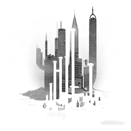 A city skyline with pipes representing stadsverwarmingsleidingen tattoo design idea