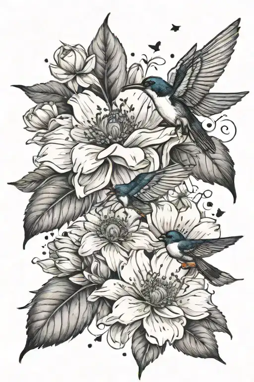Anemone and magnolia flowers with leaves and two swallows and stars scattered and a bee tattoo design idea