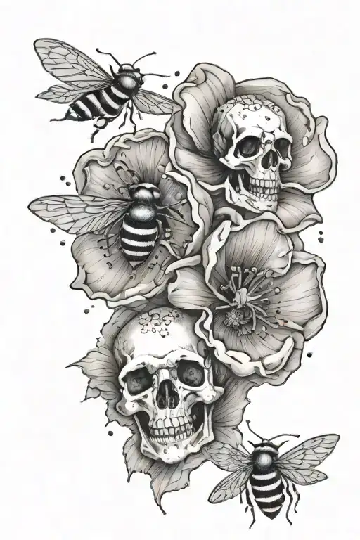 Anemone flowers with skulls and bees flying tattoo design idea