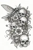 Anemone flowers with skulls and bees flying tattoo design idea