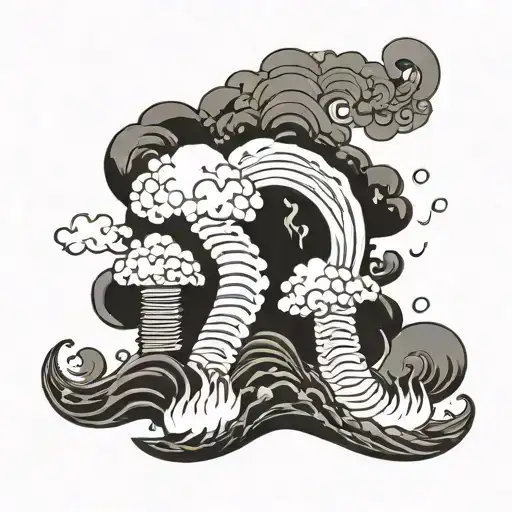 Japanese finger waves wrapped around a fire tornado coming from the ocean and going through the sky to the dark side of  tattoo design idea