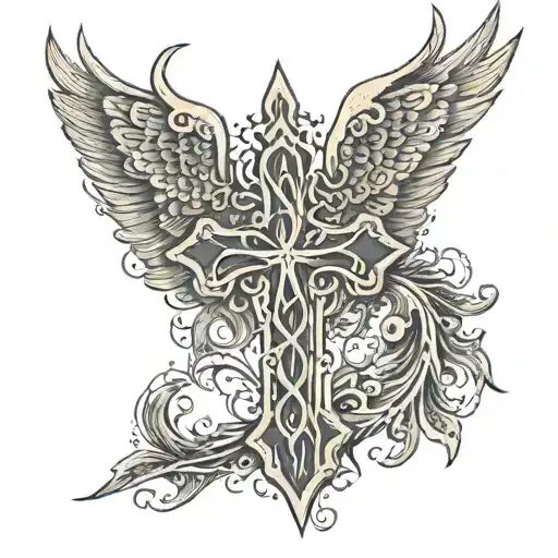 Phoenix Wings Protection + Wooden Christian Cross tattoo design idea