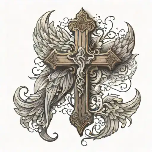 wooden cross with angel wings tattoo design idea
