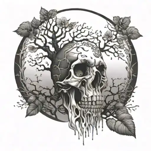 front view tree of Life growing through the eyes holes of the skull tattoo design idea