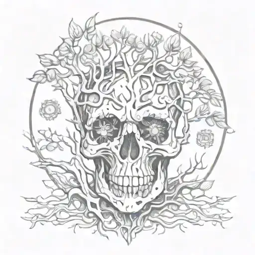 front view tree of Life growing through the eyes holes of the skull tattoo design idea