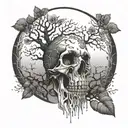 front view tree of Life growing through the eyes holes of the skull tattoo design idea