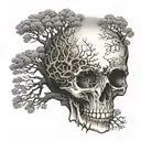 front view tree of Life growing through the eyes holes of the skull tattoo design idea