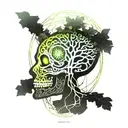 front view tree of Life growing through the eyes holes of the skull tattoo design idea