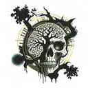 front view tree of Life growing through the eyes holes of the skull tattoo design idea