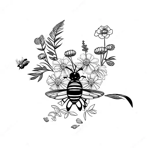 nature with bumblebees and dragonflies with flowers near water tattoo design idea