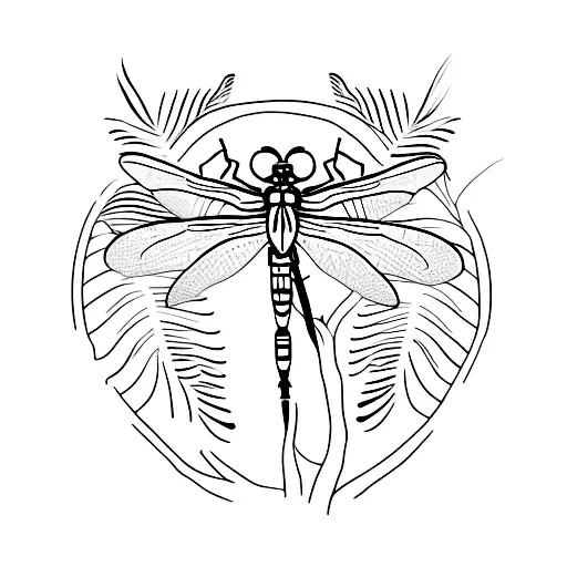 A minimalist tattoo of a dragonfly perched on a leafy branch near a tranquil pond tattoo design idea