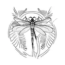 A minimalist tattoo of a dragonfly perched on a leafy branch near a tranquil pond tattoo design idea