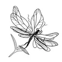 A minimalist tattoo of a dragonfly perched on a leafy branch near a tranquil pond tattoo design idea