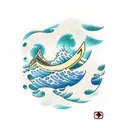 A traditional Japanese carpentry tool with waves crashing around it tattoo design idea