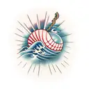 A traditional Japanese carpentry tool with waves crashing around it tattoo design idea