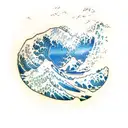 A traditional Japanese carpentry tool with waves crashing around it tattoo design idea