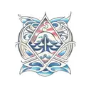 A traditional Japanese carpentry tool with waves crashing around it tattoo design idea