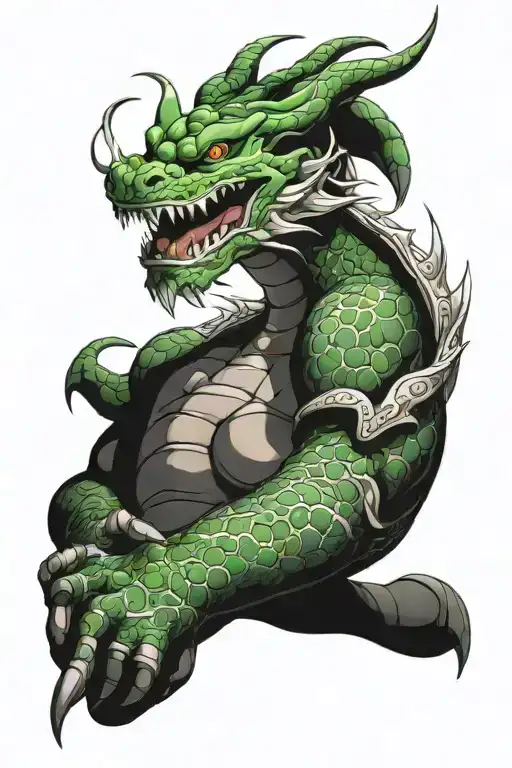 shenron wrapped around arm with many anime xharacters fillin voids tattoo design idea