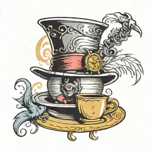 A mad hatter top hat, tea cup , and pocketwatch on the brim, a raven perched on top. And cheshire cat smile  tattoo design idea