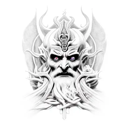 A haunting black and grey depiction of Hades, the god of the Underworld, sitting on his throne surrounded by souls tattoo design idea