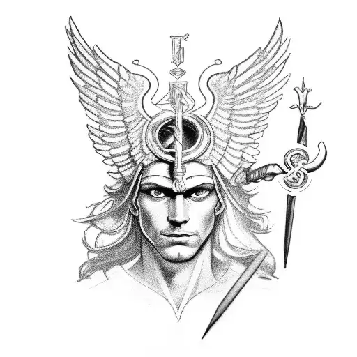 A unique sketch-style design featuring Hermes, the messenger of the gods, with his winged sandals and caduceus staff tattoo design idea