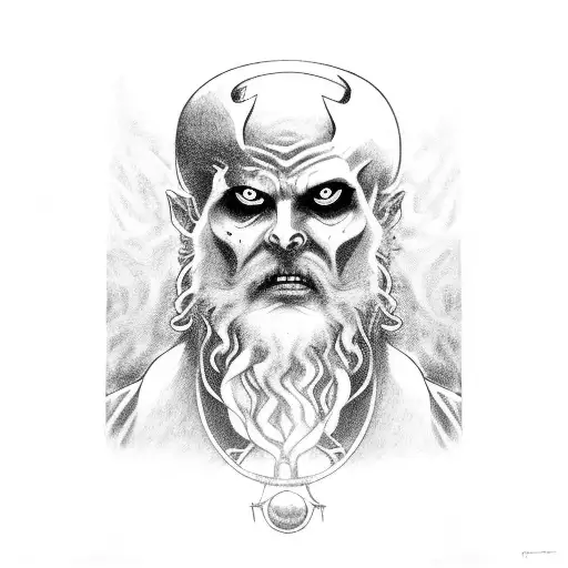 A haunting black and grey depiction of Hades, the god of the Underworld, sitting on his throne surrounded by souls tattoo design idea