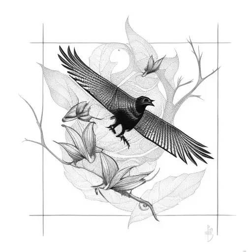 crow with butterflies tattoo design idea