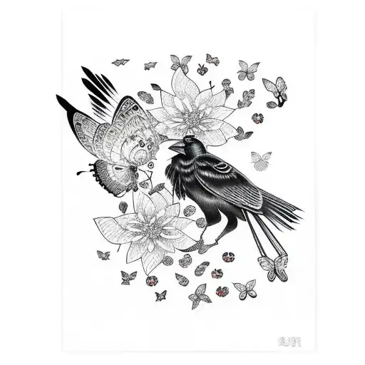 crow with butterflies tattoo design idea