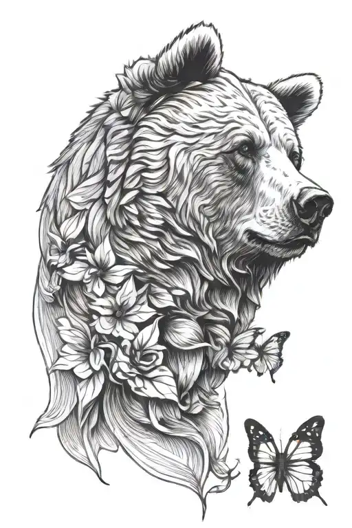 grizzly bear head with a butterfly on his nose  tattoo design idea