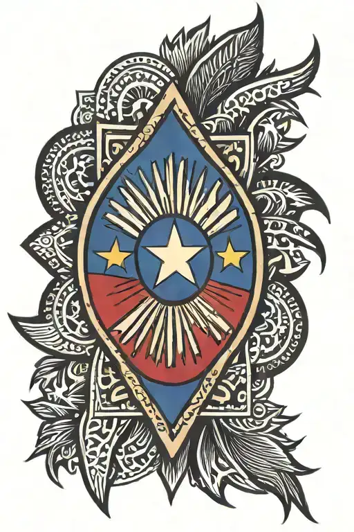 Philippines Flag  inspired tattoo in full calf, Tribal look primarily in three star and the sun tattoo design idea