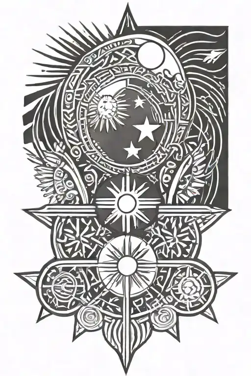 Philippines Flag  inspired tattoo in calf, Tribal look primarily in three star and the sun  tattoo design idea