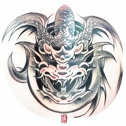 dragon mask tower tattoo design idea