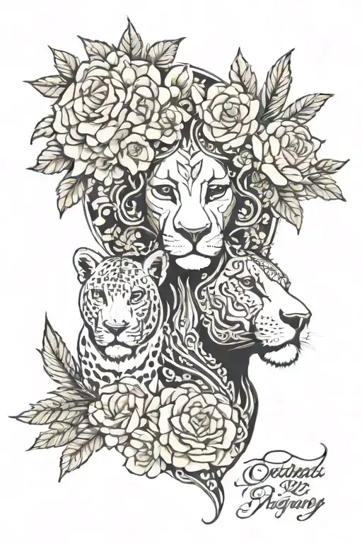 Half African Goddess Face with Half Lioness Face with flowers and the words “She Is Clothed With Strength And Dignity” tattoo design idea