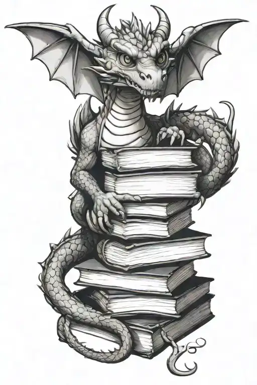 A chibi dragon curled around a stack of books, symbolizing the client's love for fantasy literature tattoo design idea
