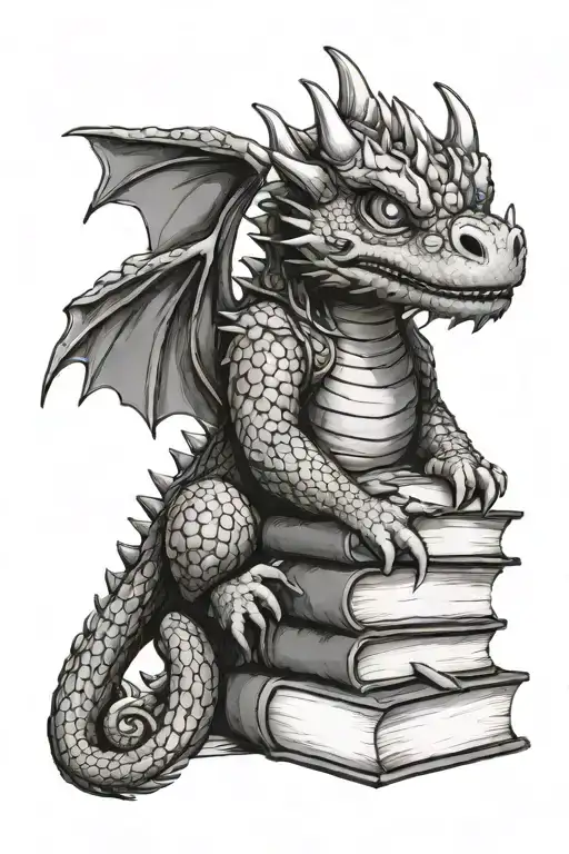A chibi dragon curled around a stack of books, symbolizing the client's love for fantasy literature tattoo design idea