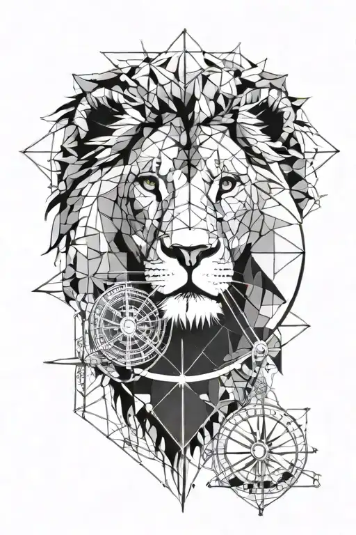 Geometric and Normal Lion face with Compass and map tattoo design idea