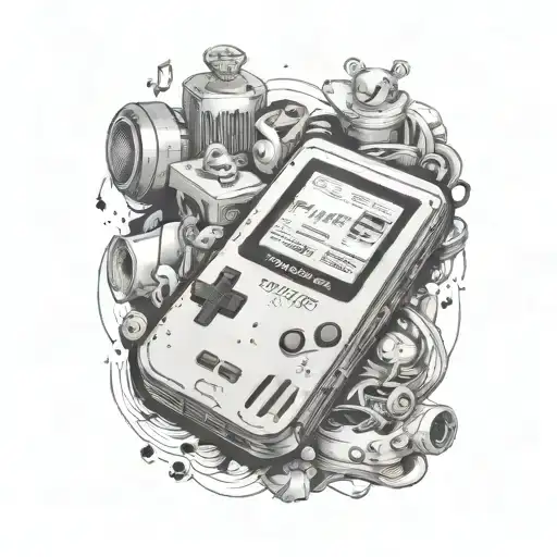 A tattoo design of a Gameboy surrounded by musical notes and anime characters, reflecting your interests in music, Nintendo, and anime tattoo design idea