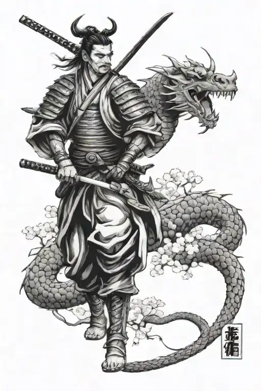 a samurai with a dragon and a sakura tree tattoo design idea