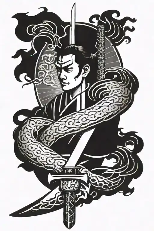 Samurai sword with Japanese character strength tattoo design idea