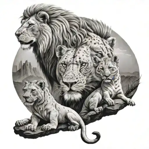 a lion on a cliff defending his wife and 2 welps against hyena's  tattoo design idea
