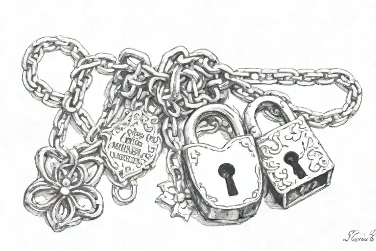 Symbolic lilies, heart-shaped padlock, ownership notice ?Gabí?, some chains, inscription ?obedient and chaste?, tattoo design idea