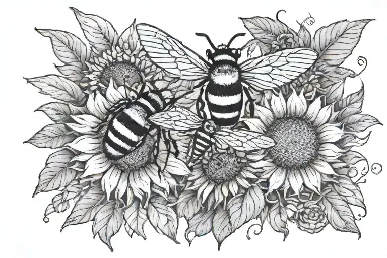 Love with sunflowers and bees buzzing tattoo design idea