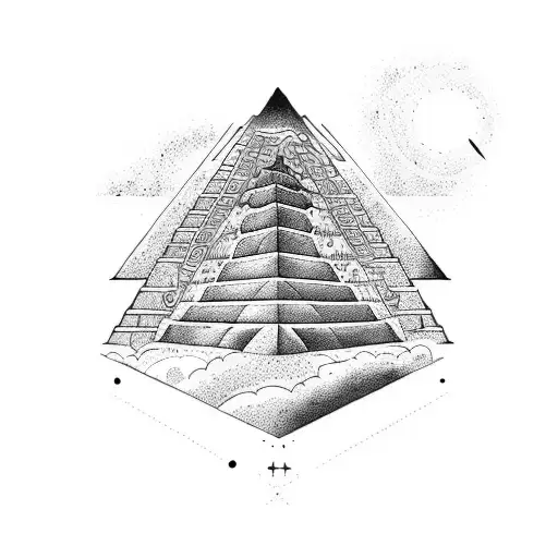 A cosmic Aztec pyramid with a golden sun at its peak tattoo design idea